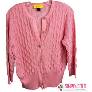 St. John Women's Cardigan Sweater Long Sleeve Button-Up Pink Knit‎ Wool Cable M